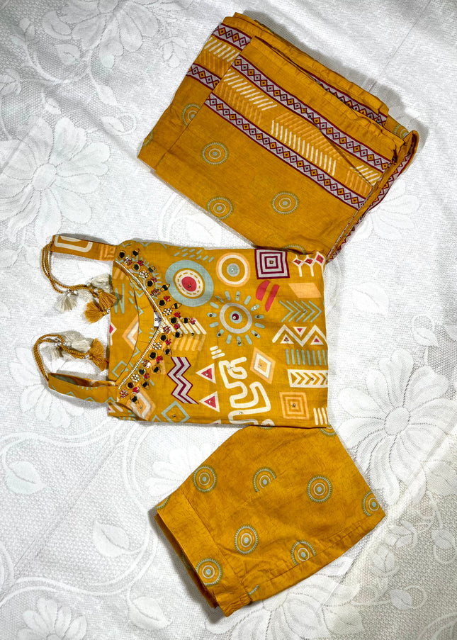 He and She Women’s Mustard Ethnic Printed Kurti Pant Set with Dupatta