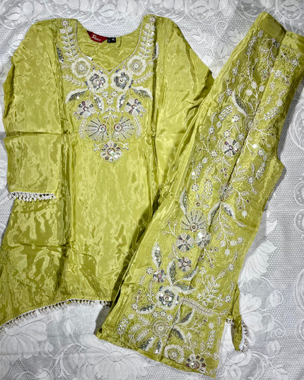 He & She Women’s Lime Green Embroidered Kurta Palazzo Co-Ord Set