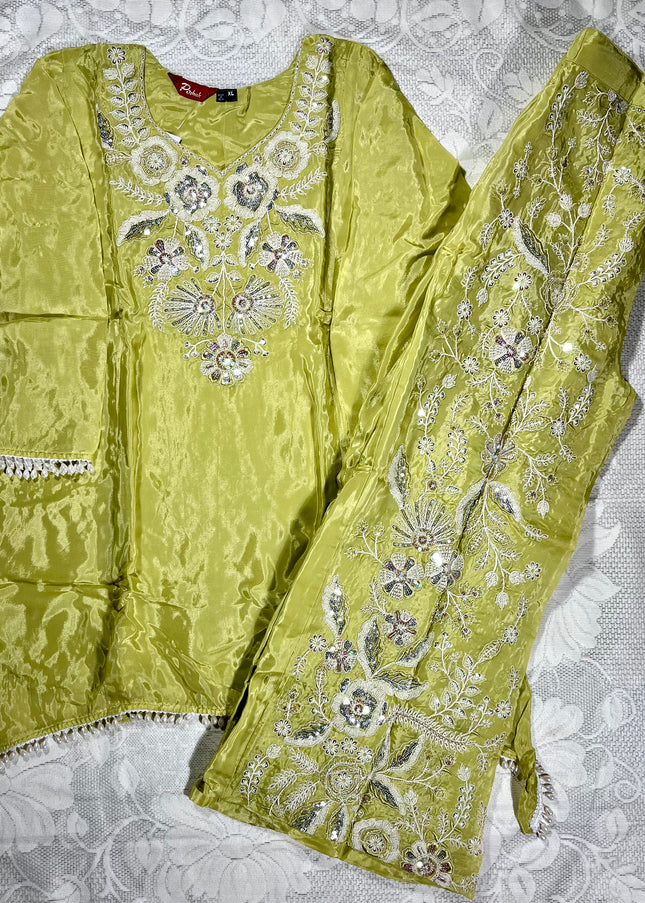He & She Women’s Lime Green Embroidered Kurta Palazzo Co-Ord Set