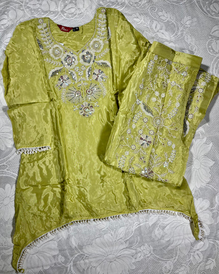 He & She Women’s Lime Green Embroidered Kurta Palazzo Co-Ord Set