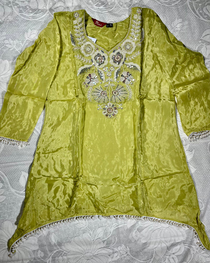He & She Women’s Lime Green Embroidered Kurta Palazzo Co-Ord Set
