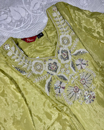 He & She Women’s Lime Green Embroidered Kurta Palazzo Co-Ord Set