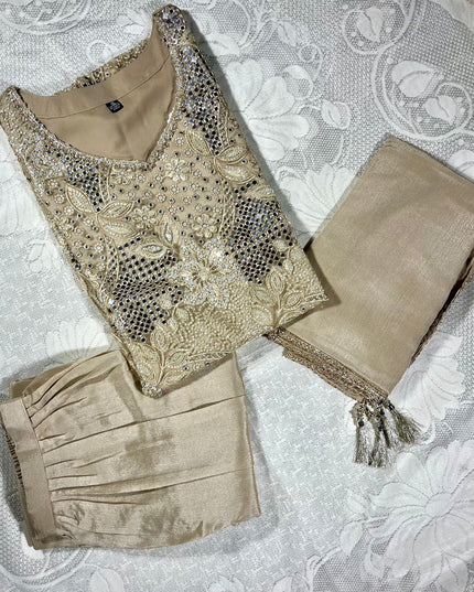 He and She Women’s fawn Embroidered Palazzo Set with Dupatta | Festive & Wedding Wear Kurta Set