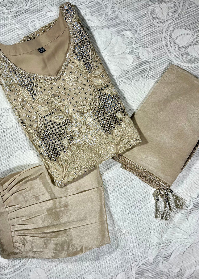 He and She Women’s fawn Embroidered Palazzo Set with Dupatta | Festive & Wedding Wear Kurta Set