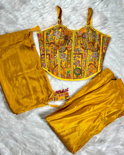 He and She Mustard Embroidered Palazzo Set for Women with Dupatta