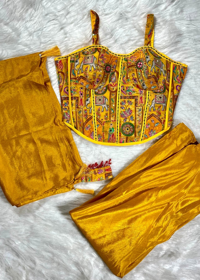He and She Mustard Embroidered Palazzo Set for Women with Dupatta