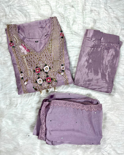 He and She Women’s Lavender Embroidered Kurta Pant Dupatta Set | Ethnic Wear Suit Set for Festive & Party Wear