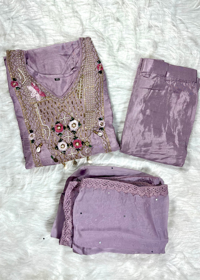 He and She Women’s Lavender Embroidered Kurta Pant Dupatta Set | Ethnic Wear Suit Set for Festive & Party Wear