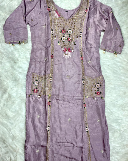 He and She Women’s Lavender Embroidered Kurta Pant Dupatta Set | Ethnic Wear Suit Set for Festive & Party Wear