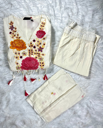 Women’s Ivory Floral Embroidered Anarkali Kurti Set with Dupatta