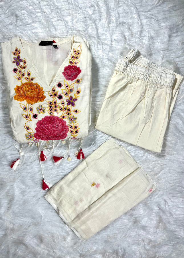 Women’s Ivory Floral Embroidered Anarkali Kurti Set with Dupatta
