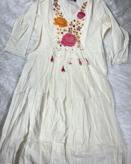 Women’s Ivory Floral Embroidered Anarkali Kurti Set with Dupatta