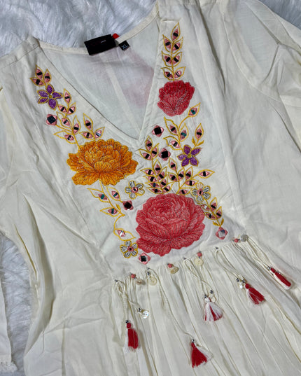 Women’s Ivory Floral Embroidered Anarkali Kurti Set with Dupatta