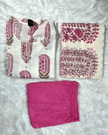 He and She Women’s White & Pink Printed Kurti Pant Set with Dupatta