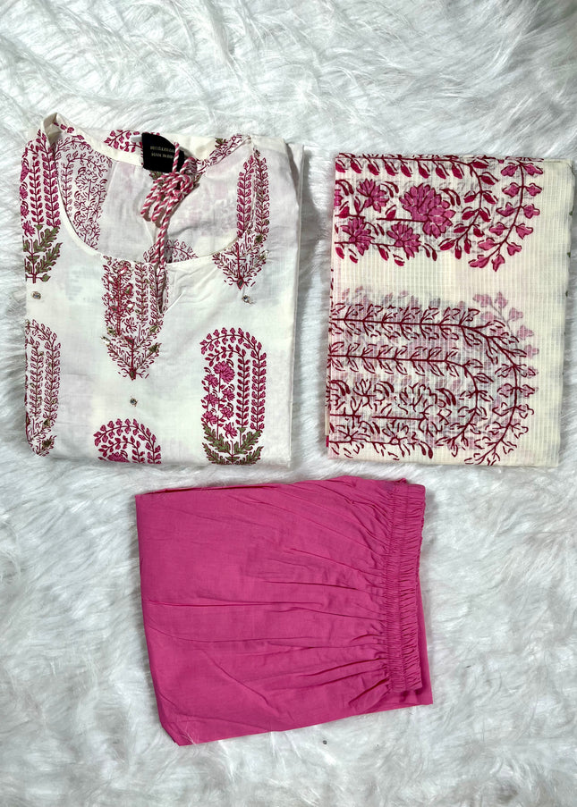 He and She Women’s White & Pink Printed Kurti Pant Set with Dupatta