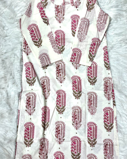 He and She Women’s White & Pink Printed Kurti Pant Set with Dupatta