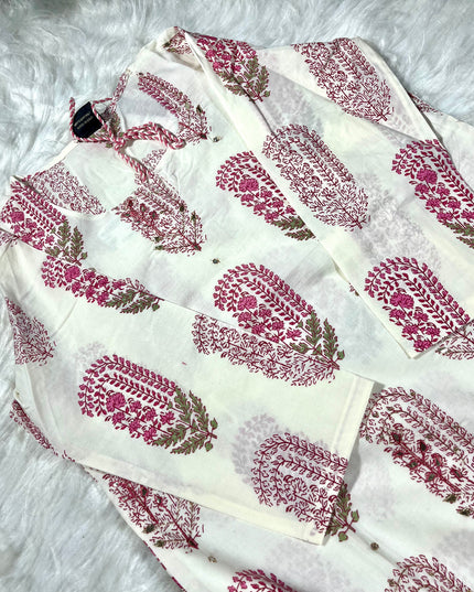 He and She Women’s White & Pink Printed Kurti Pant Set with Dupatta