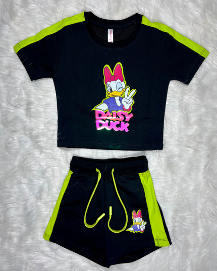 He and She Girls Daisy Duck Printed Co-ord Set | Trendy Black T-Shirt & Shorts Set for Kids