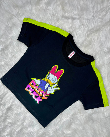 He and She Girls Daisy Duck Printed Co-ord Set | Trendy Black T-Shirt & Shorts Set for Kids