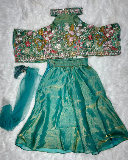 Girls Teal Embroidered Palazzo Set with Dupatta | Ethnic Party Wear for Kids