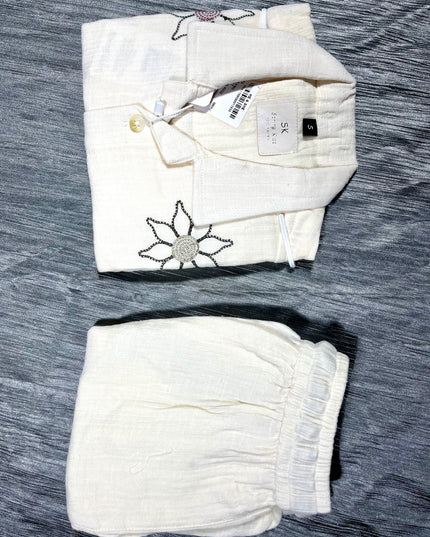 Boys White Floral Embroidered Co-Ord Set | Half Sleeve Shirt & Shorts Set for Kids