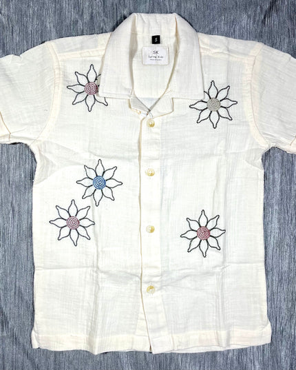 Boys White Floral Embroidered Co-Ord Set | Half Sleeve Shirt & Shorts Set for Kids