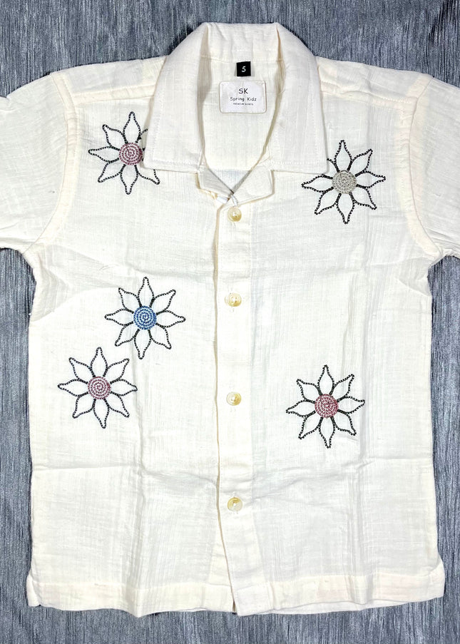 Boys White Floral Embroidered Co-Ord Set | Half Sleeve Shirt & Shorts Set for Kids