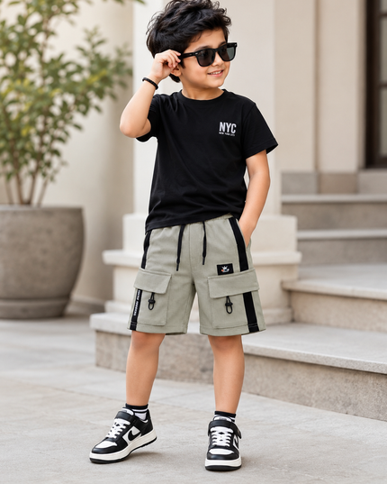BOYS SHORT CODE-A138 Boys Premium Cargo Shorts with Utility Pockets – Grey & Pista