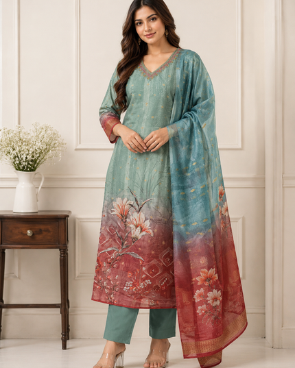 LADIES KURTI SET CODE-A181 He And She Women's Floral Printed Kurti Pant Set with Dupatta | V-Neck Ethnic Suit Set