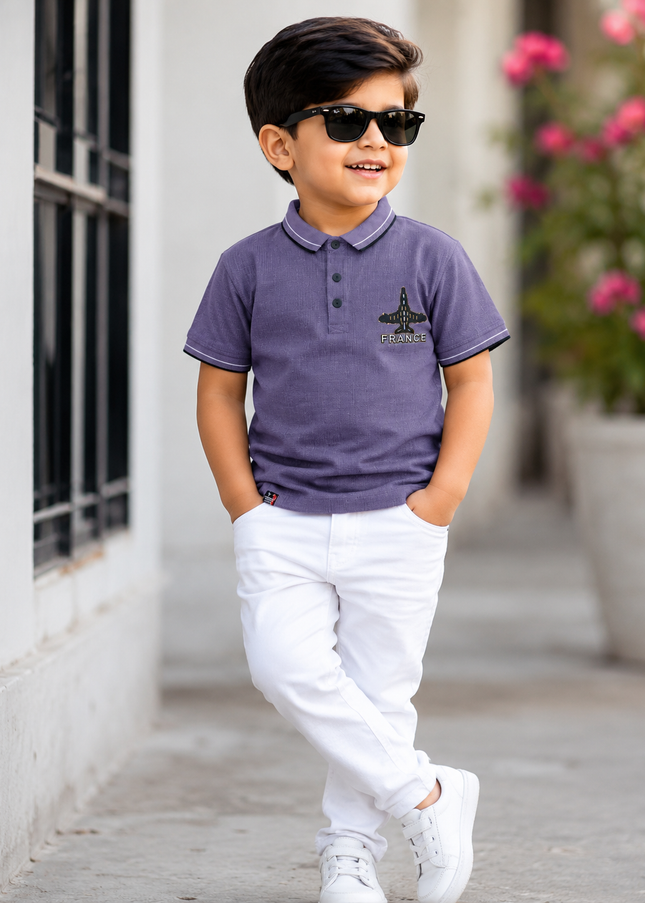 He and She Boys Lavender Polo T-Shirt | Airplane Embroidered Casual Collar Tee