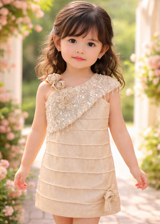 Girls Champagne One-Shoulder Party Dress with Sequin & Floral Detail | He and She