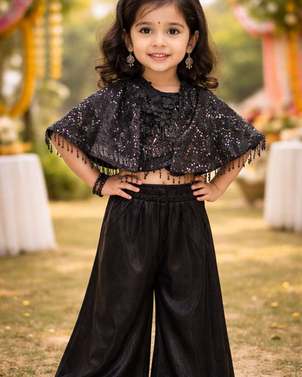 Girls Black Sequin Cape Top with Palazzo Set | Party Wear Outfit for Kids