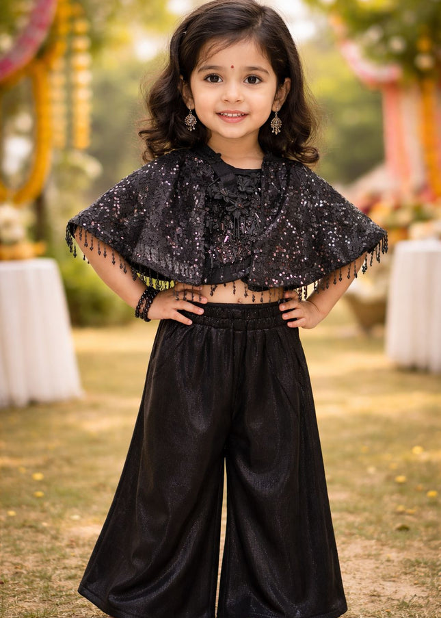 Girls Black Sequin Cape Top with Palazzo Set | Party Wear Outfit for Kids