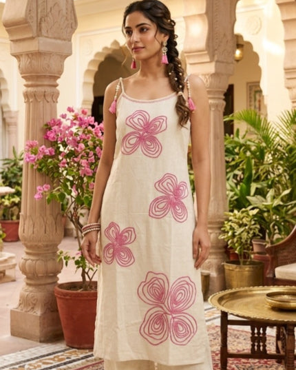 He & She Women’s Cotton Kurti Palazzo Set – Cream Floral Printed Summer Ethnic Wear