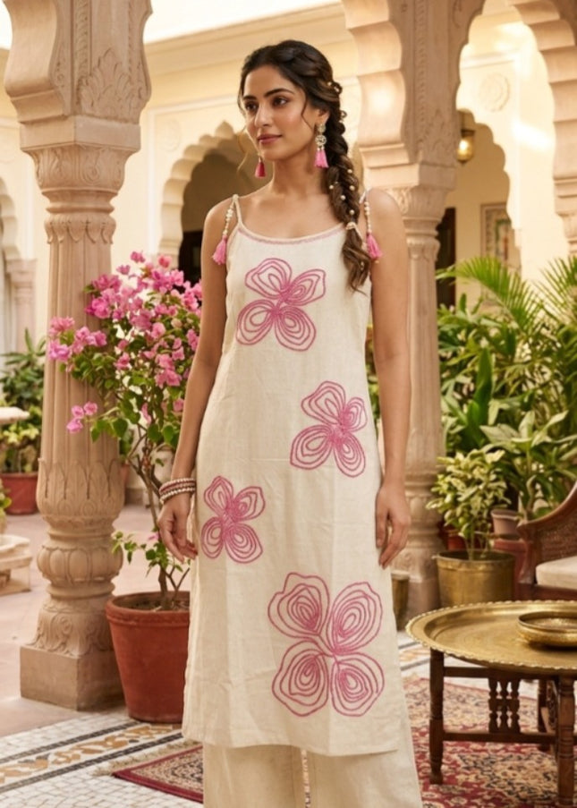 He & She Women’s Cotton Kurti Palazzo Set – Cream Floral Printed Summer Ethnic Wear