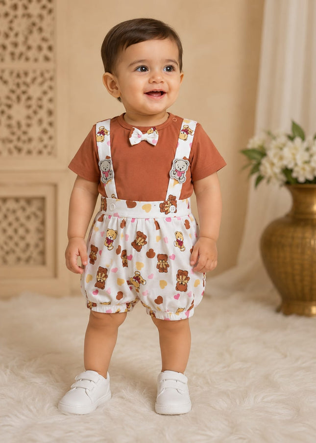 Baby Girls Teddy Print Jumpsuit Romper with Bow | Cute Casual Outfit for Kids