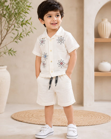 Boys White Floral Embroidered Co-Ord Set | Half Sleeve Shirt & Shorts Set for Kids