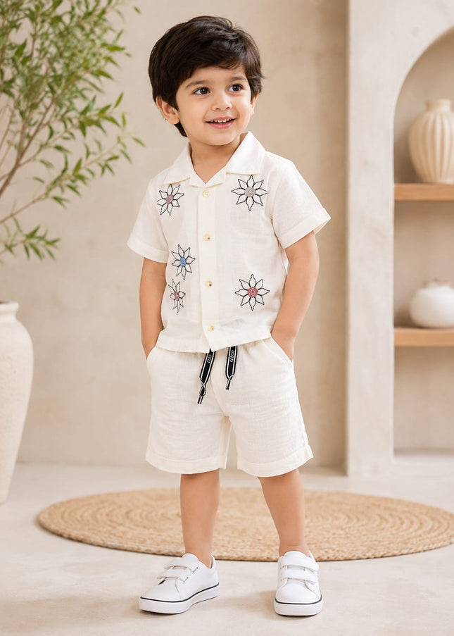 Boys White Floral Embroidered Co-Ord Set | Half Sleeve Shirt & Shorts Set for Kids