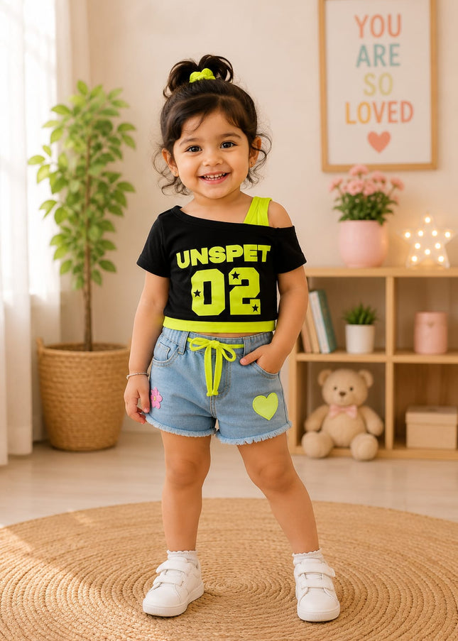 He and She Girls Neon Black Off-Shoulder Crop Top – Stylish Casual Summer Wear for Girls