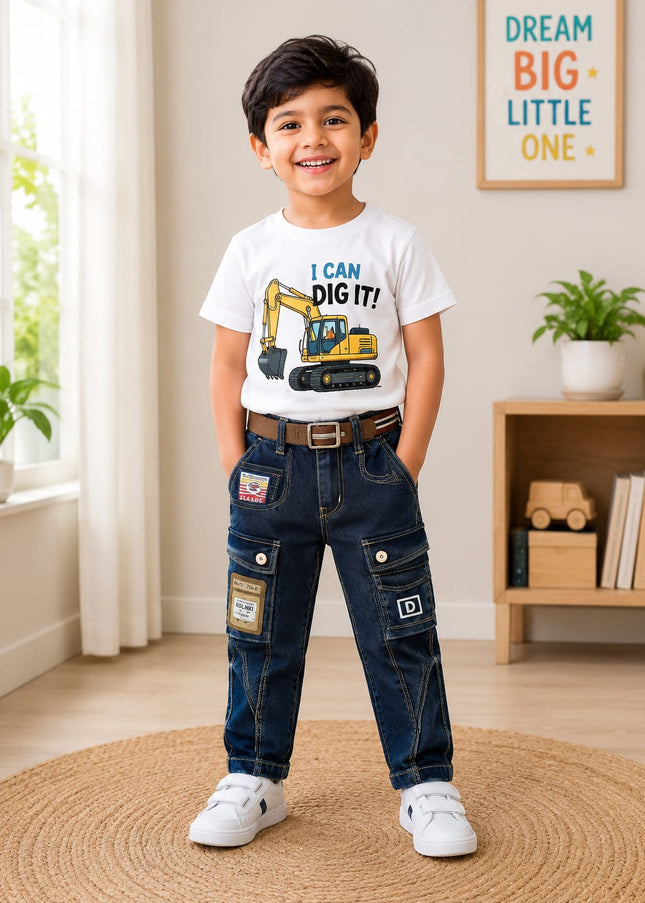 Boys Dark Blue Cargo Jeans | Stylish Denim Pants for Kids