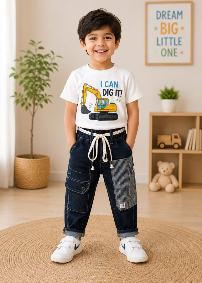 Boys Dark Blue Utility Cargo Jeans | Stylish Denim Jogger Pants for Kids
