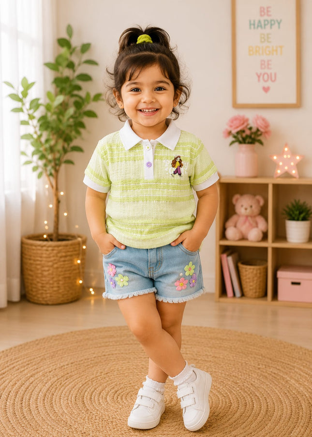 Girls Lime Green Polo Neck Top | Casual Summer Top for Kids