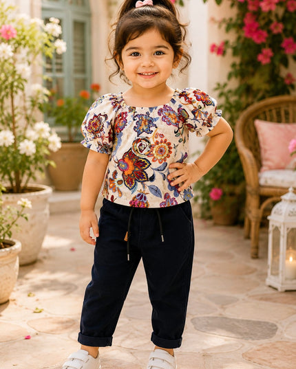 Girls Floral Printed Puff Sleeve Casual Top for Kids | Stylish Cotton Blend Top by He And She