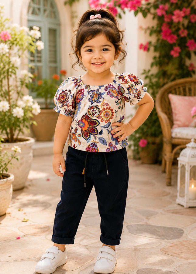 Girls Floral Printed Puff Sleeve Casual Top for Kids | Stylish Cotton Blend Top by He And She