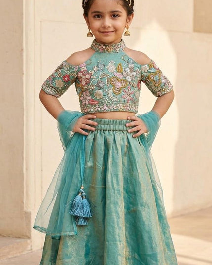 Girls Teal Embroidered Palazzo Set with Dupatta | Ethnic Party Wear for Kids