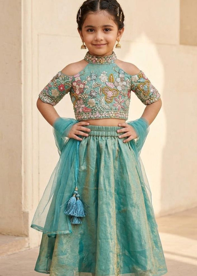 Girls Teal Embroidered Palazzo Set with Dupatta | Ethnic Party Wear for Kids
