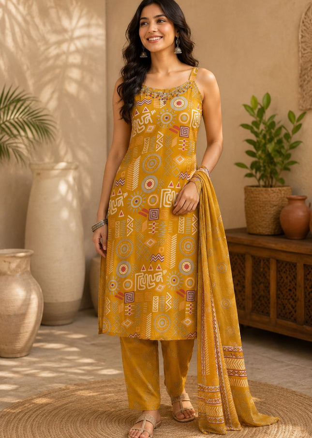 He and She Women’s Mustard Ethnic Printed Kurti Pant Set with Dupatta