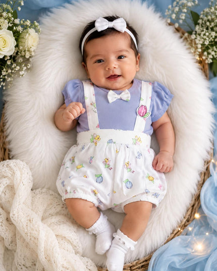 BLUE JUMPSUIT Baby Girls Floral Print Jumpsuit Romper with Bow | Cute Summer Outfit for Infants