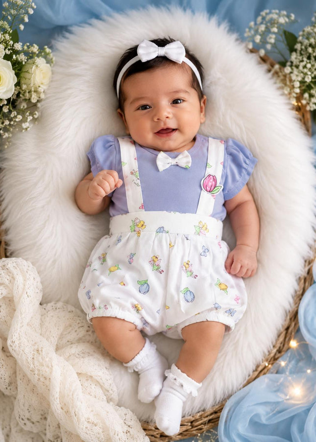BLUE JUMPSUIT Baby Girls Floral Print Jumpsuit Romper with Bow | Cute Summer Outfit for Infants