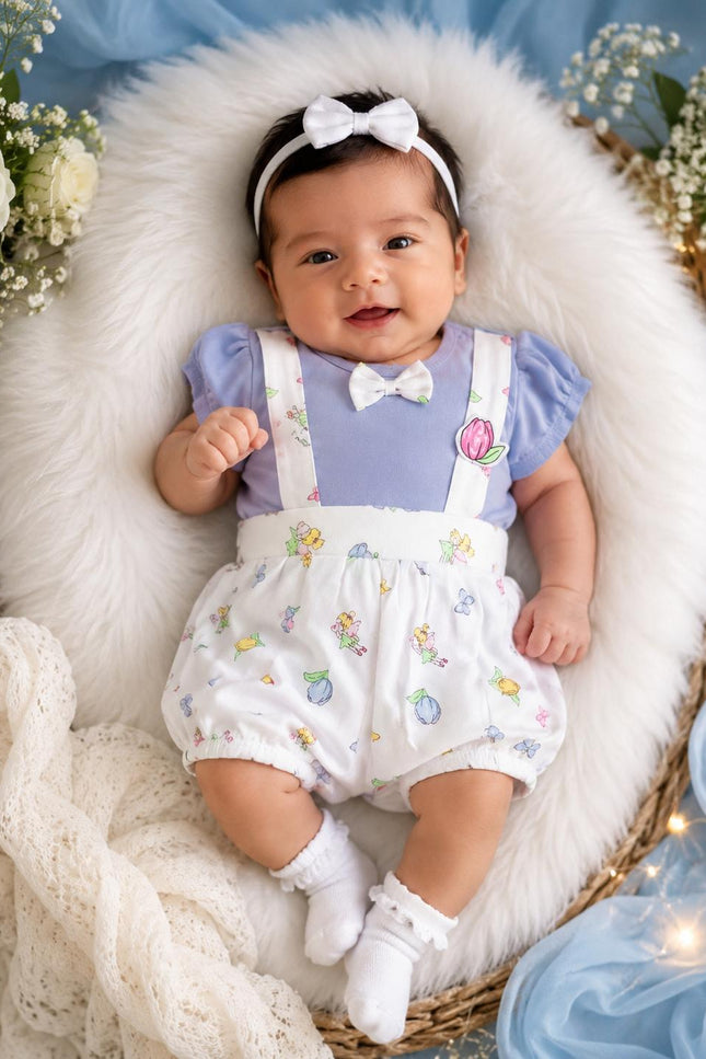 BLUE JUMPSUIT Baby Girls Floral Print Jumpsuit Romper with Bow | Cute Summer Outfit for Infants